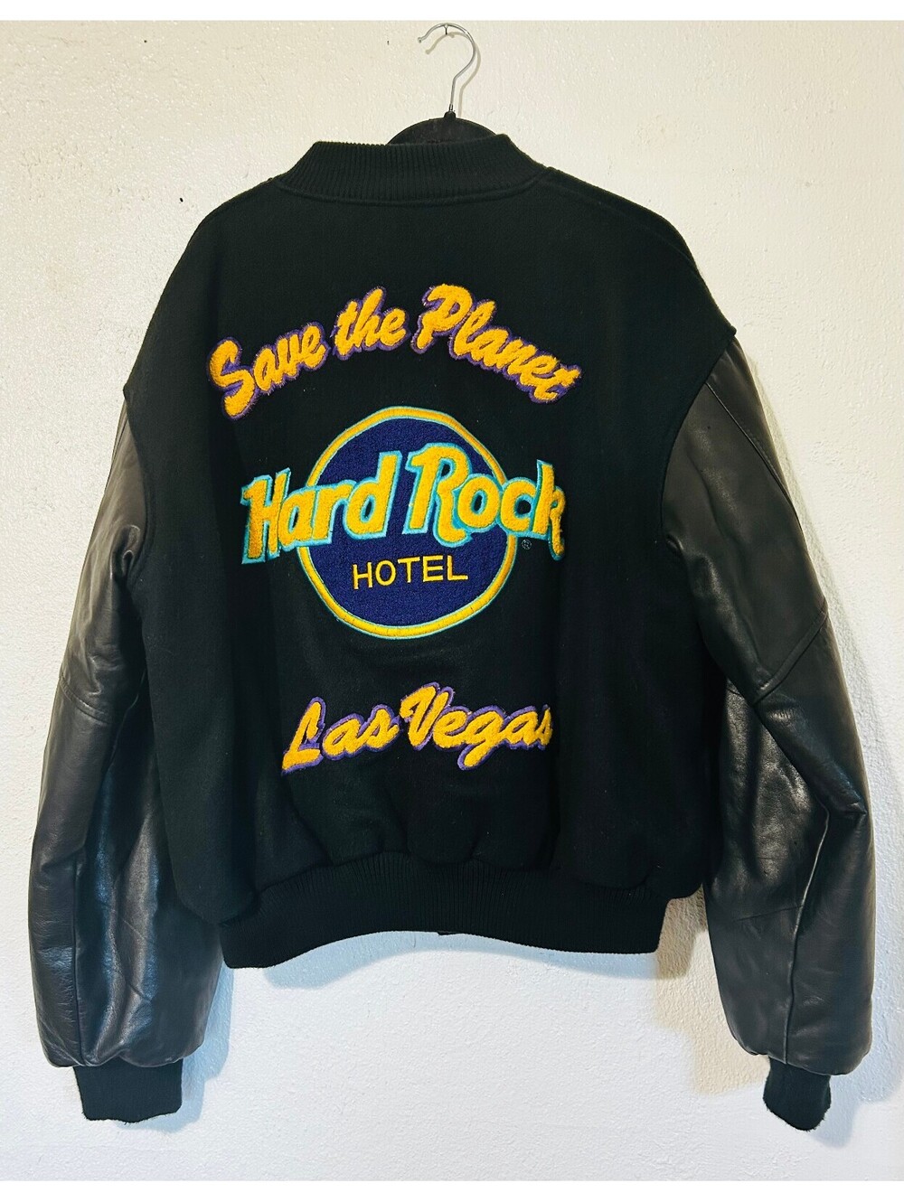 VTG 90s Hard Rock Hotel Las Vegas Varsity Jacket Wool Leather Black Men Size XL